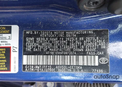 2015 Toyota Camry Le/Se/Xle/Xse из США, поврежденный, VIN 4T1BF1FK4FU873074